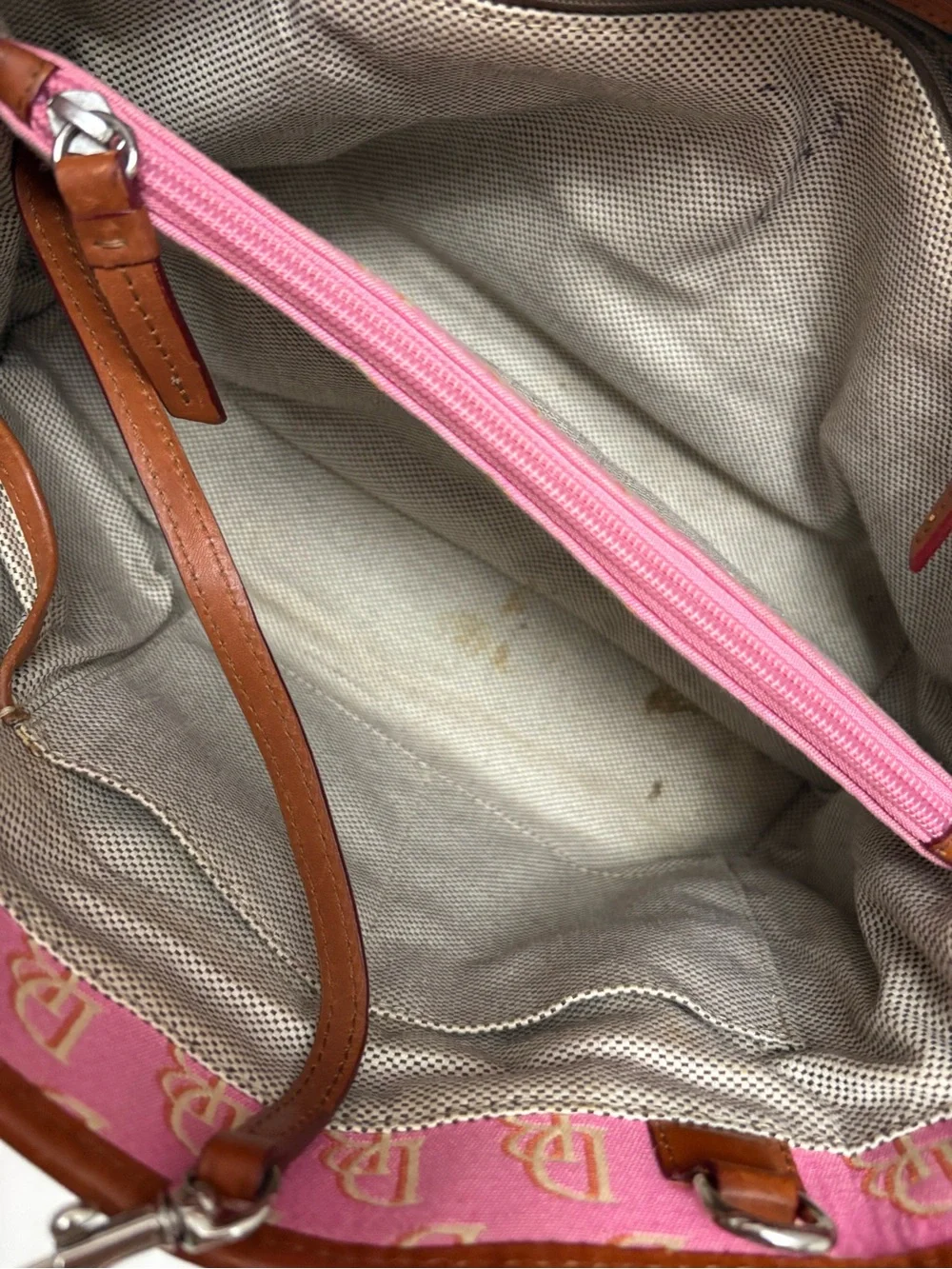 Dooney & Bourke Pink Logo Satchel with Brown Leather Trim